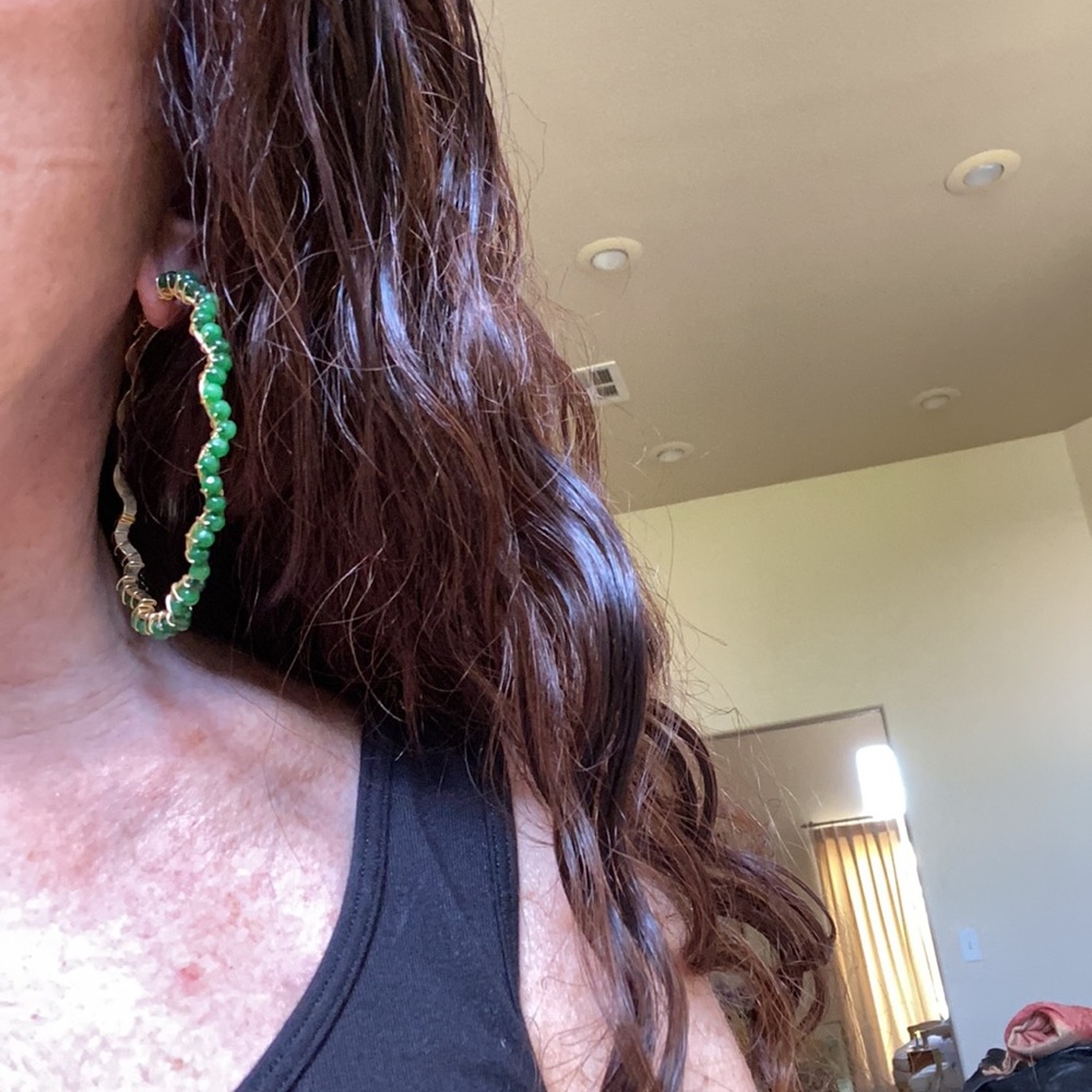 LARGE HOOP EARRINGS WITH GREEN STONES